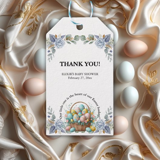 Elegante Blauwe Bloemen Easter Egg Basket Baby sho Cadeaulabel
