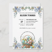 Elegante Blauwe Bloemen Easter Egg Basket Baby sho Kaart (Voorkant)