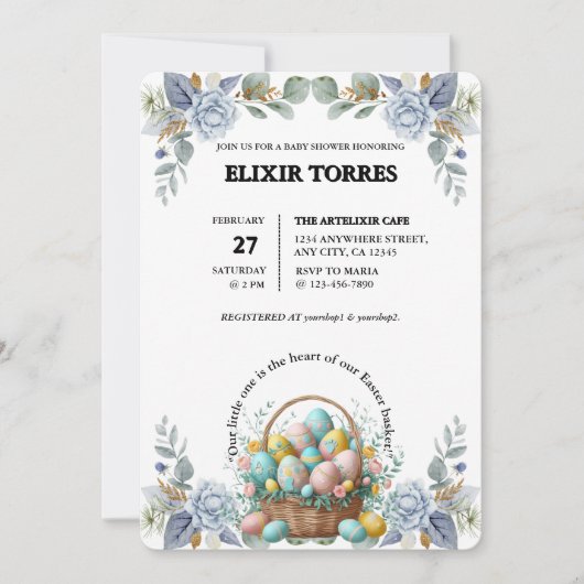 Elegante Blauwe Bloemen Easter Egg Basket Baby sho Kaart (Voorkant)