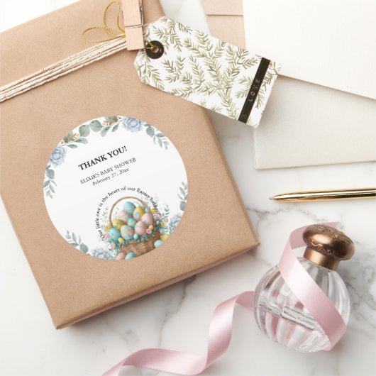 Elegante Blauwe Bloemen Easter Egg Basket Baby sho Ronde Sticker (Geschenken)
