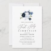 Elegante Blauwe Bloemen Eerste Heilige Communie Kaart (Voorkant)