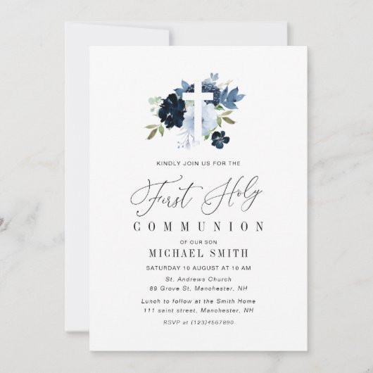 Elegante Blauwe Bloemen Eerste Heilige Communie Kaart (Voorkant)