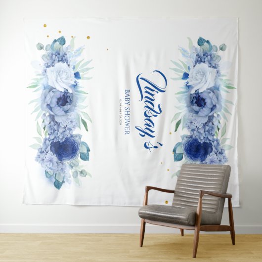 Elegante blauwe bloemen en gouden confetti wandkleed (In Situ (horizontaal))