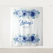 Elegante Blauwe Bloemen en Gouden Confetti Wandkleed (Voorkant)