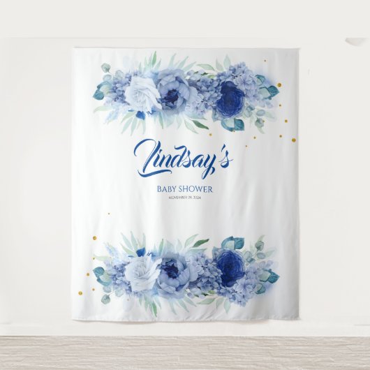 Elegante Blauwe Bloemen en Gouden Confetti Wandkleed (Voorkant)