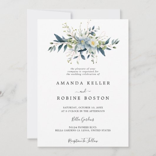 Elegante Blauwe Bloemen & Eucalyptus bruiloft Kaart (Voorkant)