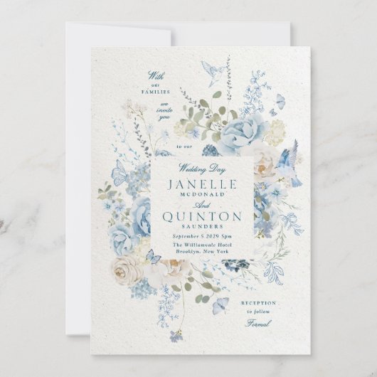 Elegante Blauwe Bloemen Faux Handgemaakte Papier T Kaart (Voorkant)