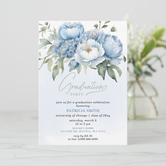 Elegante Blauwe Bloemen Foto Afstudeerfeest Kaart (Staand voorkant)