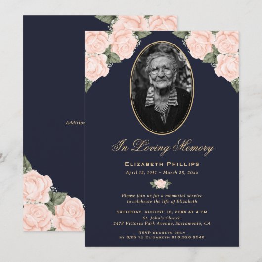 Elegante Blauwe Bloemen Foto Begrafenisdienst Kaart (Voorkant / Achterkant)