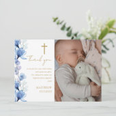 Elegante Blauwe Bloemen Foto Doop Doop Doop Bedankkaart (Staand voorkant)