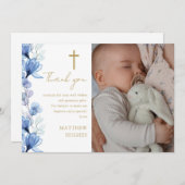 Elegante Blauwe Bloemen Foto Doop Doop Doop Bedankkaart (Voorkant / Achterkant)