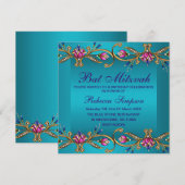 Elegante Blauwe Bloemen Gem Bat Mitswa Uitnodigen Kaart (Voorkant / Achterkant)