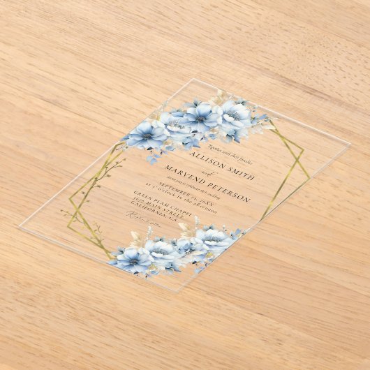 Elegante Blauwe Bloemen Geometrische Lijst Bloom W Acryl Uitnodigingen (Laagn)