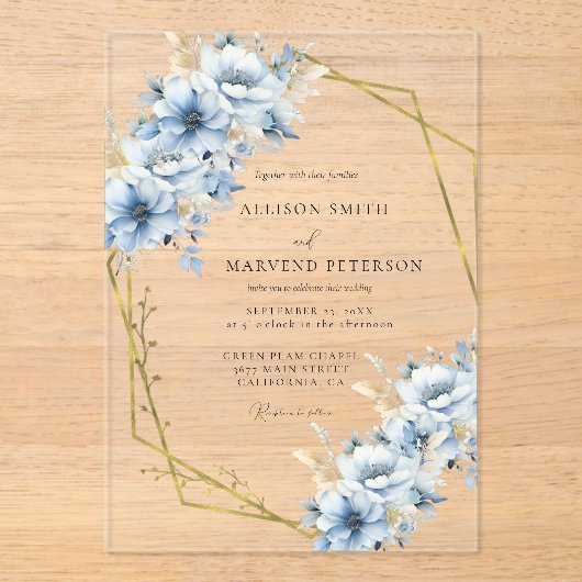 Elegante Blauwe Bloemen Geometrische Lijst Bloom W Acryl Uitnodigingen (Voorkant)
