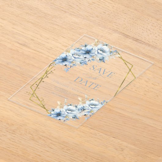 Elegante Blauwe Bloemen Geometrische Lijst Bloom W Acryl Uitnodigingen (Laagn)