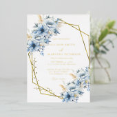 Elegante Blauwe Bloemen Geometrische Lijst Bloom W Folie Uitnodiging (Staand Voorkant)