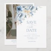 Elegante Blauwe Bloemen Geometrische Lijst Bloom W Save The Date (Voorkant / Achterkant)