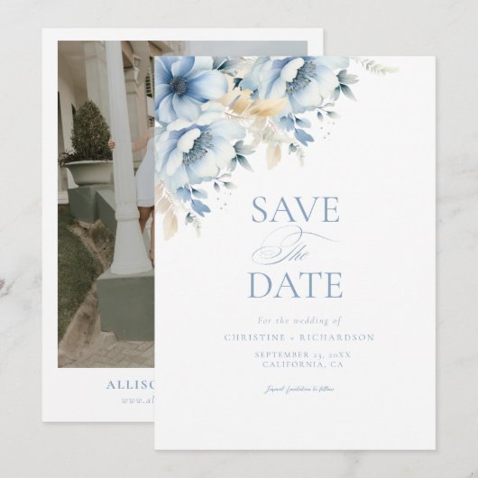 Elegante Blauwe Bloemen Geometrische Lijst Bloom W Save The Date (Voorkant / Achterkant)