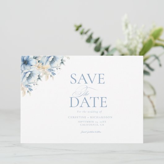Elegante Blauwe Bloemen Geometrische Lijst Bloom W Save The Date (Staand voorkant)