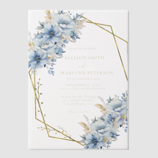 Elegante Blauwe Bloemen Geometrische Lijst Bloom W Vellum Uitnodigingen (Voorkant)