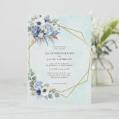 Elegante Blauwe Bloemen Goud Lijst bruiloft Kaart (Staand voorkant)