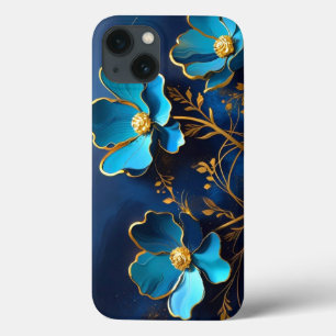 Elegante blauwe bloemen gouden contouren telefoonh Case-Mate iPhone case