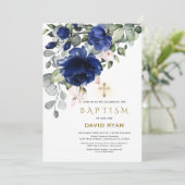 Elegante Blauwe Bloemen Gouden Kruis Jongens Doop Kaart (Staand voorkant)