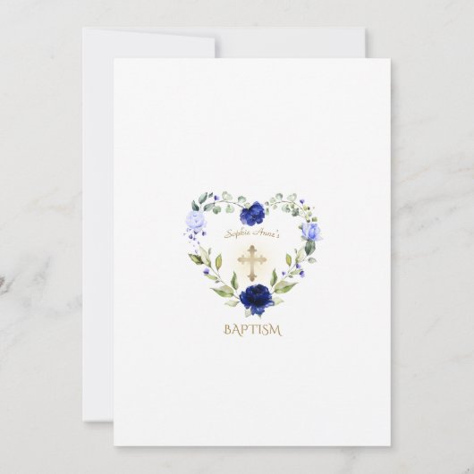 Elegante Blauwe Bloemen Gouden Kruis Jongens Doop Kaart (Achterkant)