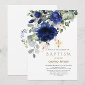 Elegante Blauwe Bloemen Gouden Kruis Jongens Doop Kaart (Voorkant / Achterkant)