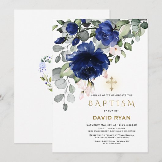 Elegante Blauwe Bloemen Gouden Kruis Jongens Doop Kaart (Voorkant / Achterkant)