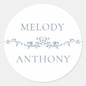 Elegante Blauwe Bloemen Grensmonogrammen Ronde Sticker (Voorkant)