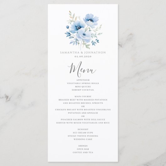 Elegante Blauwe Bloemen Huwelijk Flat Menu (Voorkant)