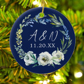 Elegante Blauwe Bloemen Huwelijk Monogram Kerstmis Keramisch Ornament