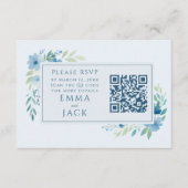 Elegante Blauwe Bloemen Huwelijk RSVP QR Code Informatiekaartje (Voorkant)