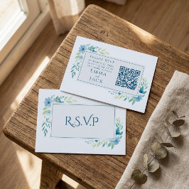 Elegante Blauwe Bloemen Huwelijk RSVP QR Code Informatiekaartje