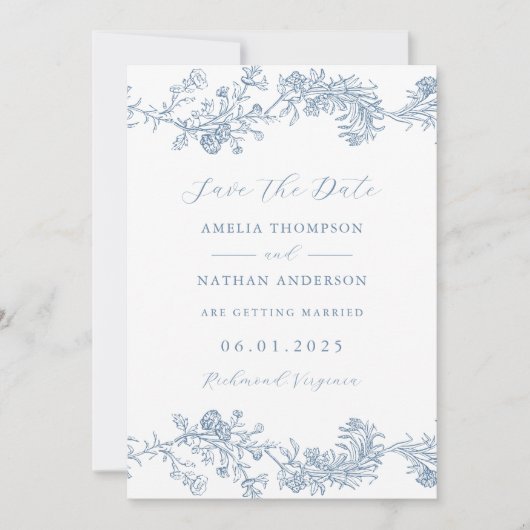 Elegante Blauwe  Bloemen Huwelijk Save The Date (Voorkant)
