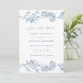 Elegante Blauwe  Bloemen Huwelijk Save The Date (Staand voorkant)