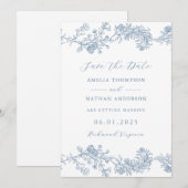 Elegante Blauwe  Bloemen Huwelijk Save The Date (Voorkant / Achterkant)