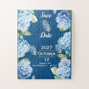 Elegante Blauwe Bloemen Huwelijk Save the Date Puz Legpuzzel