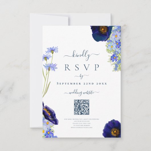 Elegante Blauwe Bloemen Huwelijksreactie QR Code RSVP Kaartje (Voorkant)