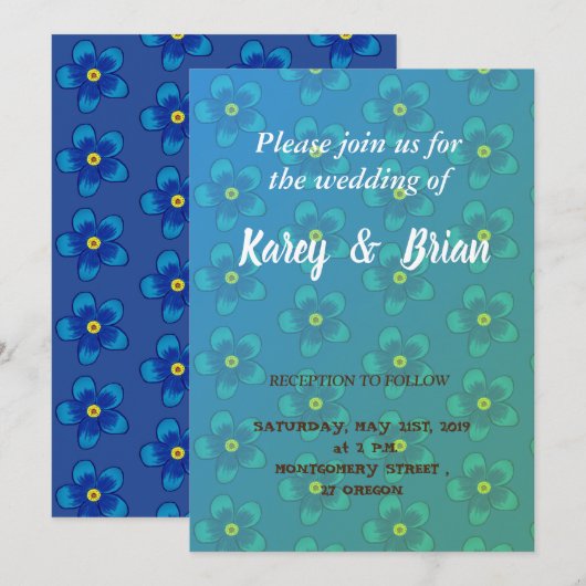 Elegante Blauwe Bloemen, Huwelijksuitnodiging Kaart (Voorkant / Achterkant)