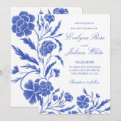 Elegante Blauwe Bloemen Huwelijksuitnodiging Kaart (Voorkant / Achterkant)