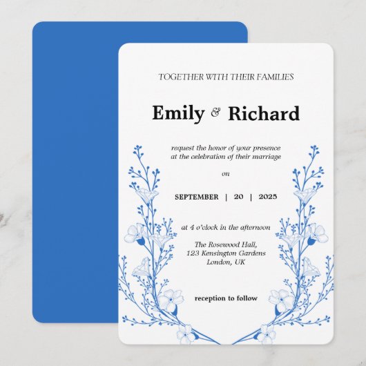 Elegante Blauwe Bloemen Huwelijksuitnodiging | Mod Kaart (Voorkant / Achterkant)