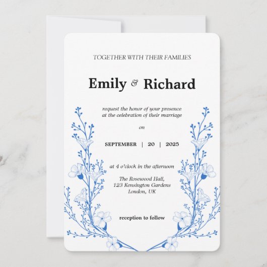 Elegante Blauwe Bloemen Huwelijksuitnodiging | Mod Kaart (Voorkant)