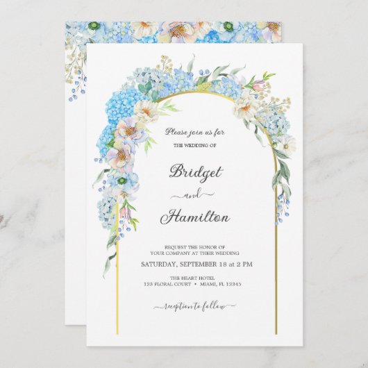 Elegante Blauwe Bloemen Hydrangea bruiloft Kaart (Voorkant / Achterkant)