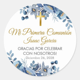 Elegante Blauwe Bloemen in Spaanse Eerste Communie Ronde Sticker