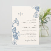 Elegante Blauwe Bloemen Kant Ivoor bruiloft Kaart (Staand voorkant)