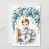 Elegante Blauwe Bloemen Kruis doop Kaart (Achterkant)