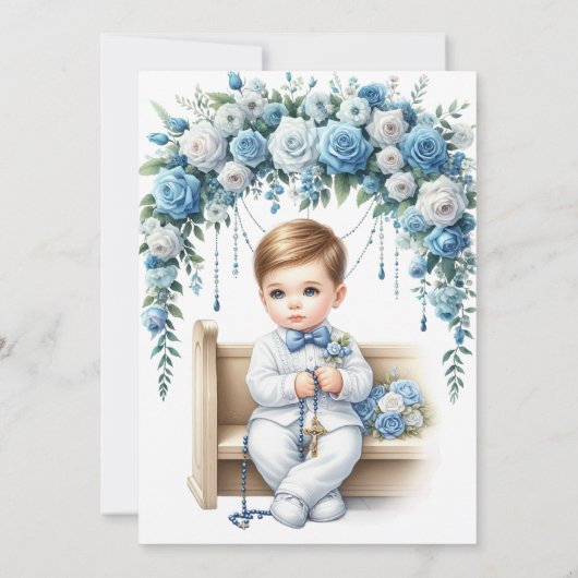 Elegante Blauwe Bloemen Kruis doop Kaart (Achterkant)