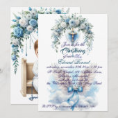 Elegante Blauwe Bloemen Kruis doop Kaart (Voorkant / Achterkant)